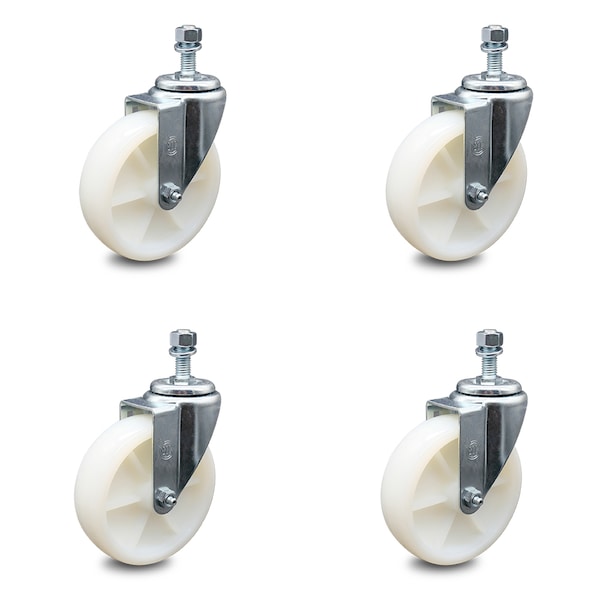 5 Inch Nylon Wheel Swivel 1/2 Inch Threaded Stem Caster Set
